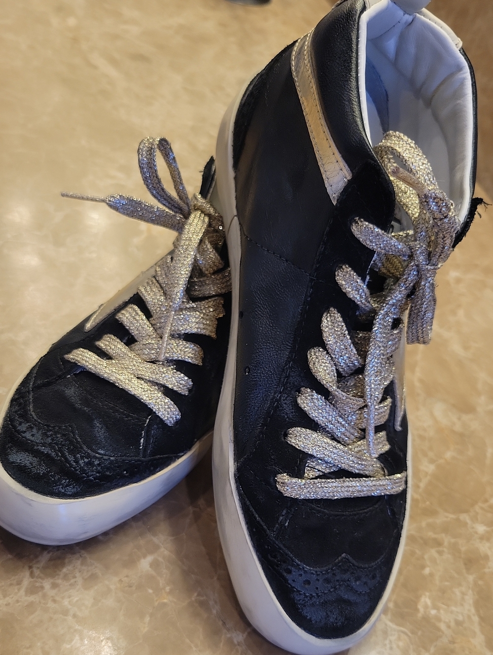 Golden Goose Black Women's Semi High-Top Sneakers with Silvery-Gold Laces, Sz 6
